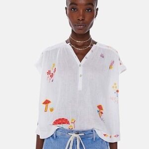 Mother Slow Ride Pop Over Blouse Summer Dreams Mushrooms Crinkle Cotton Size L